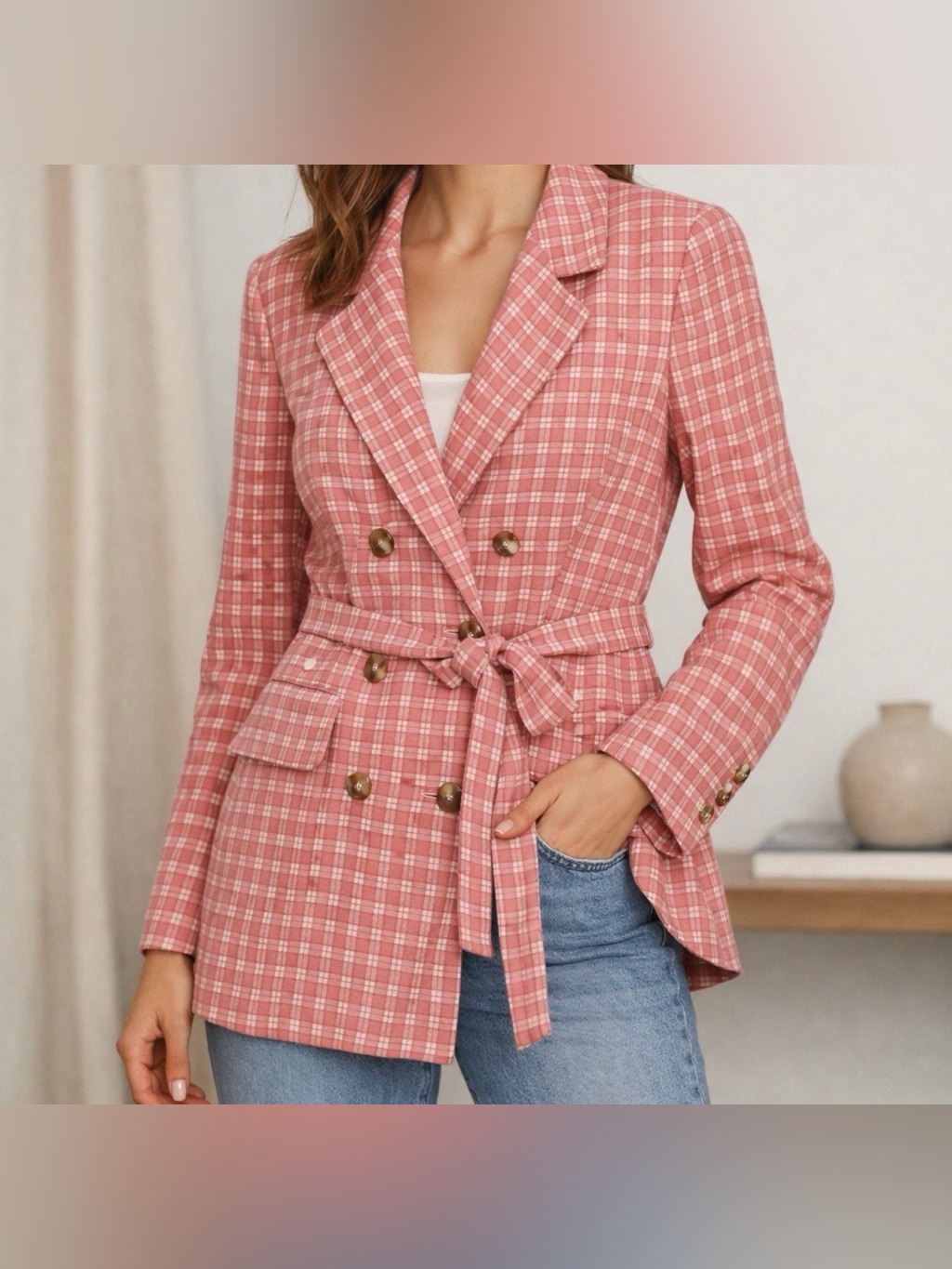 Free People Olivia Gingham Tie Waist Blazer - Small